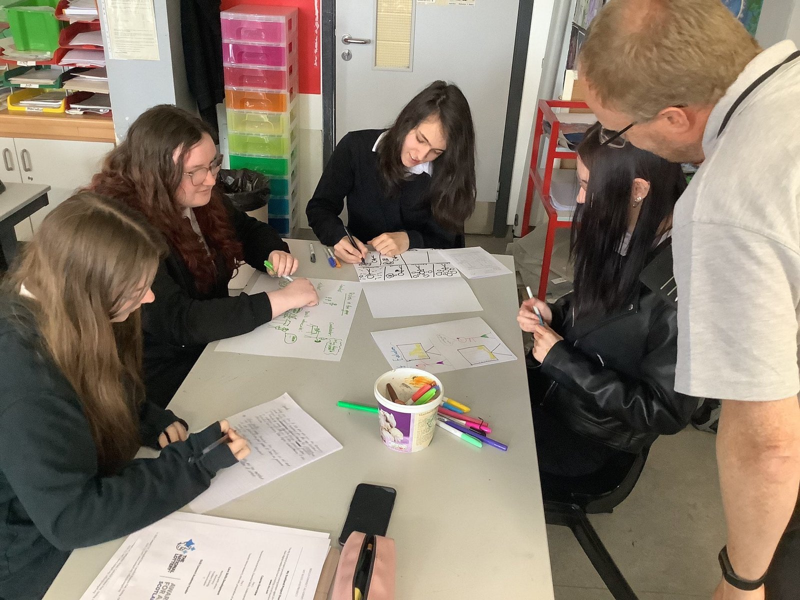 group of girls working on a project at a table